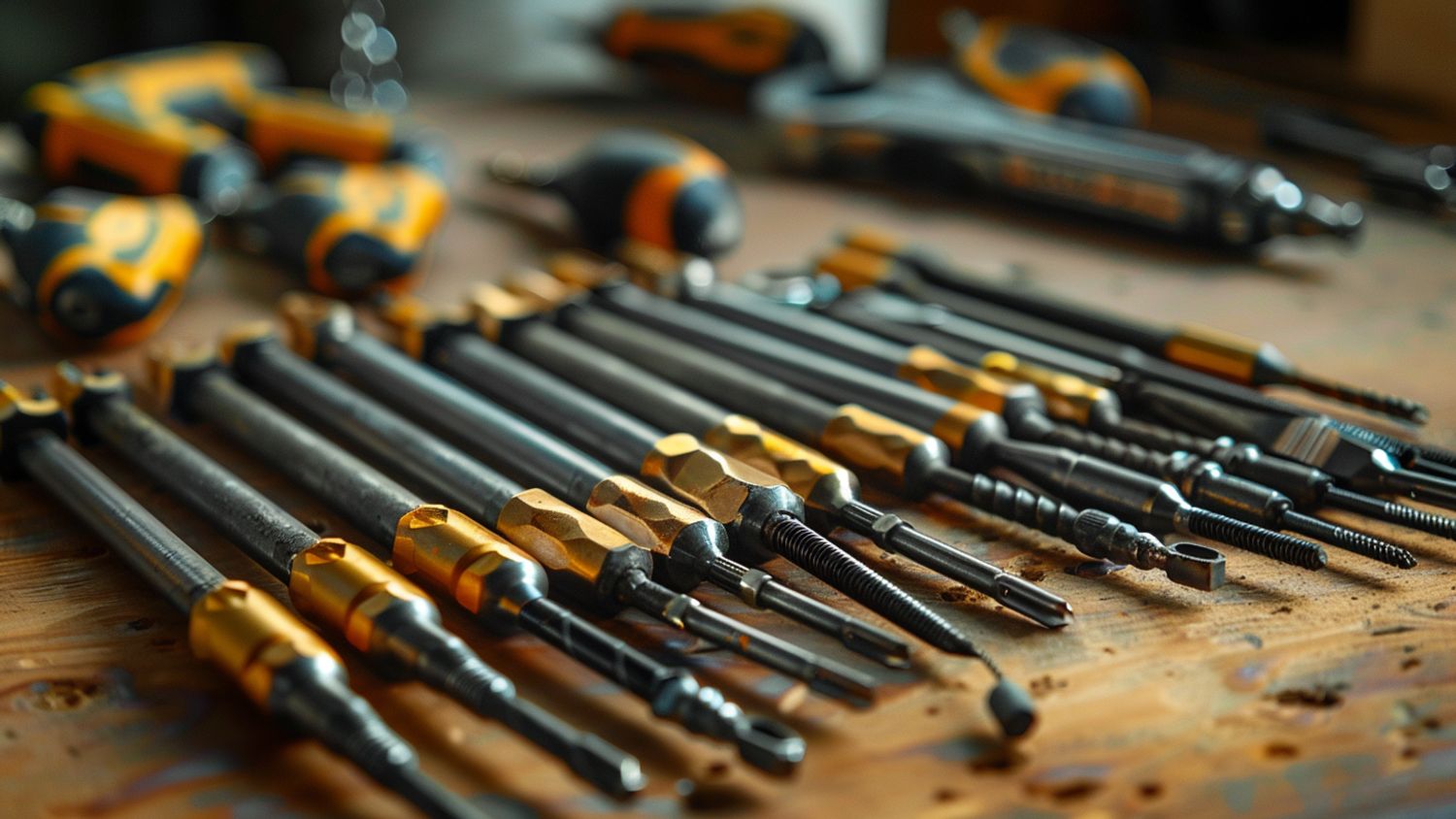 Screwdriver set on a table with various sizes and shapes.